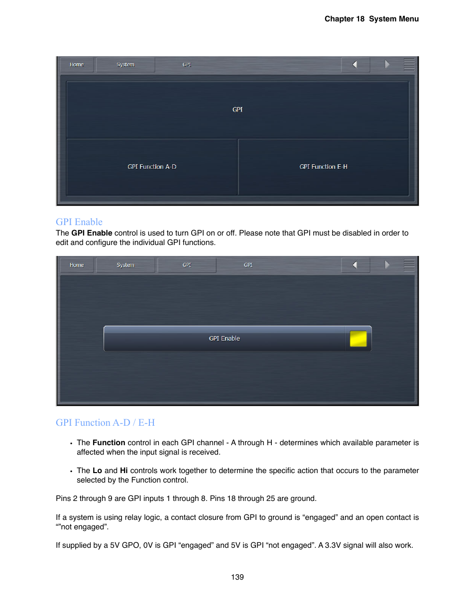 Gpi enable, Gpi function a-d / e-h | Omnia Audio Omnia.9 User Manual | Page 139 / 196