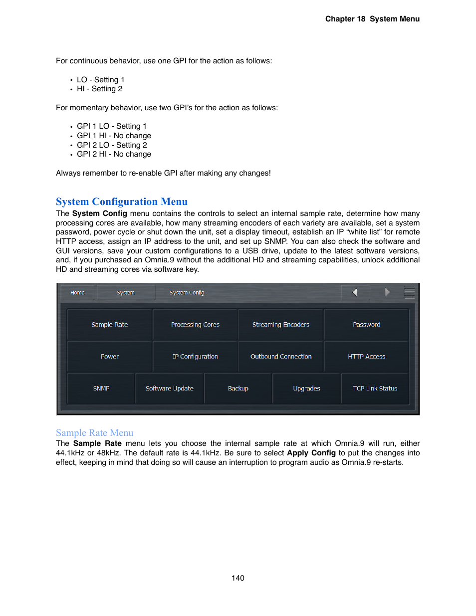 System configuration menu, Sample rate menu | Omnia Audio Omnia.9 User Manual | Page 140 / 196