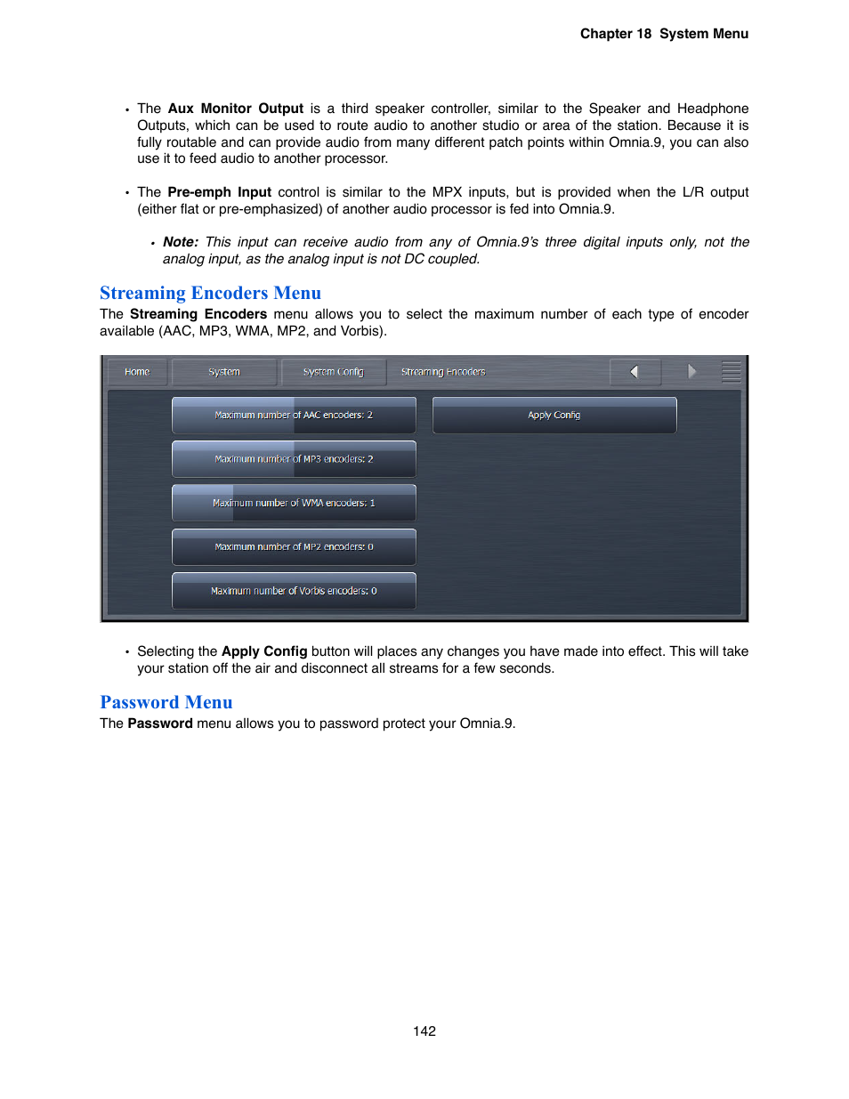 Streaming encoders menu, Password menu | Omnia Audio Omnia.9 User Manual | Page 142 / 196