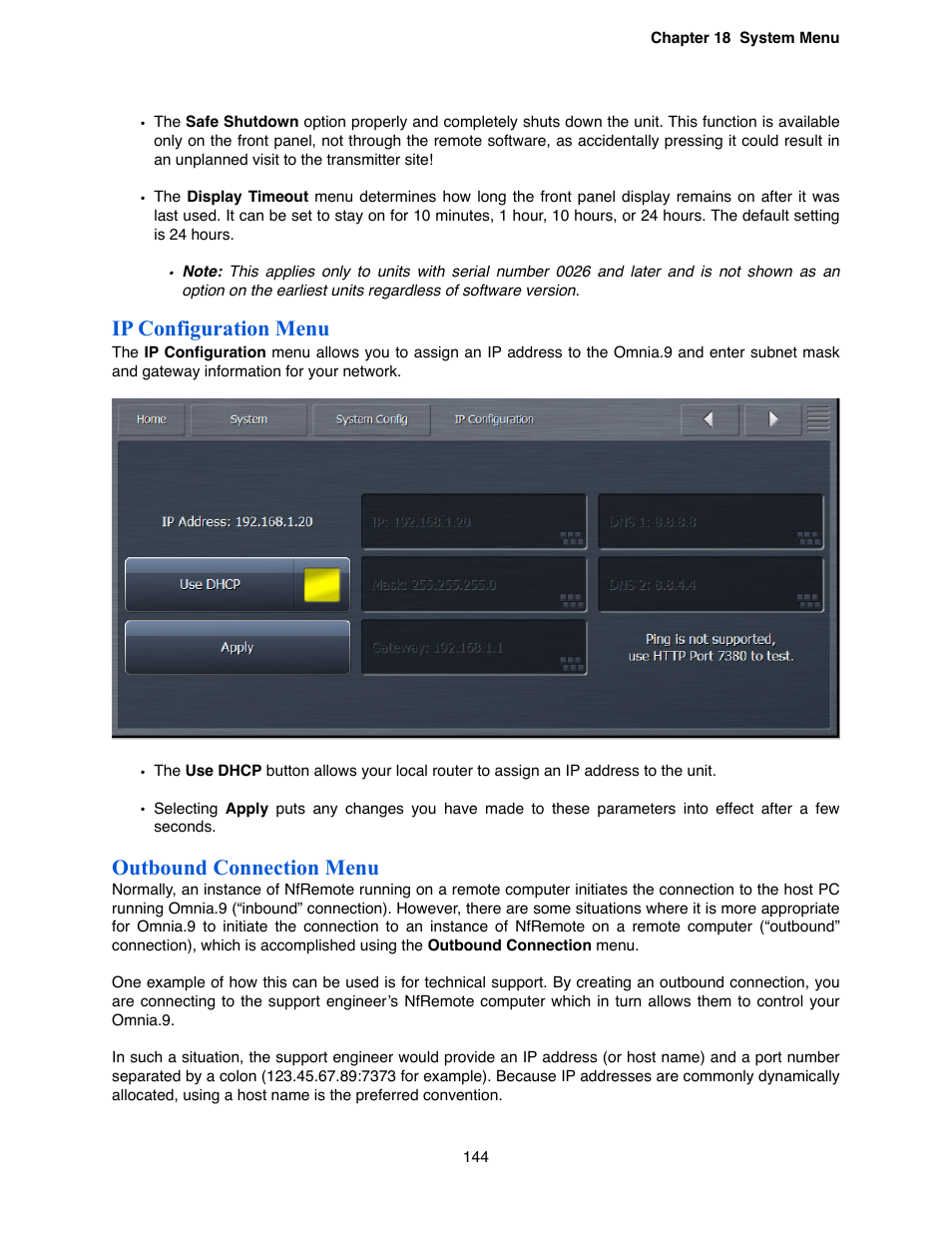 Ip configuration menu, Outbound connection menu | Omnia Audio Omnia.9 User Manual | Page 144 / 196