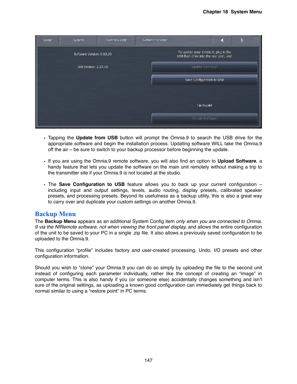 Backup menu | Omnia Audio Omnia.9 User Manual | Page 147 / 196
