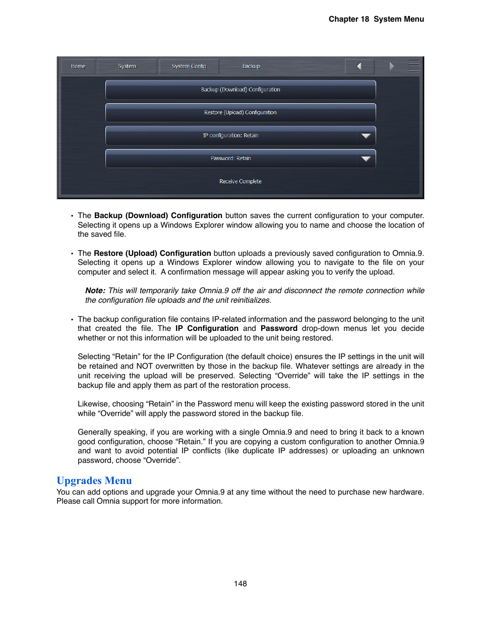 Upgrades menu | Omnia Audio Omnia.9 User Manual | Page 148 / 196