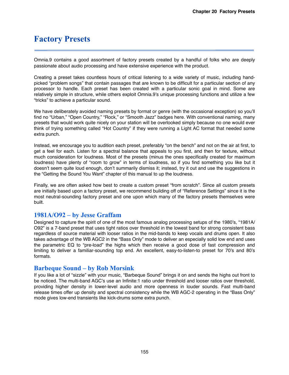 Factory presets, Barbeque sound – by rob morsink | Omnia Audio Omnia.9 User Manual | Page 155 / 196