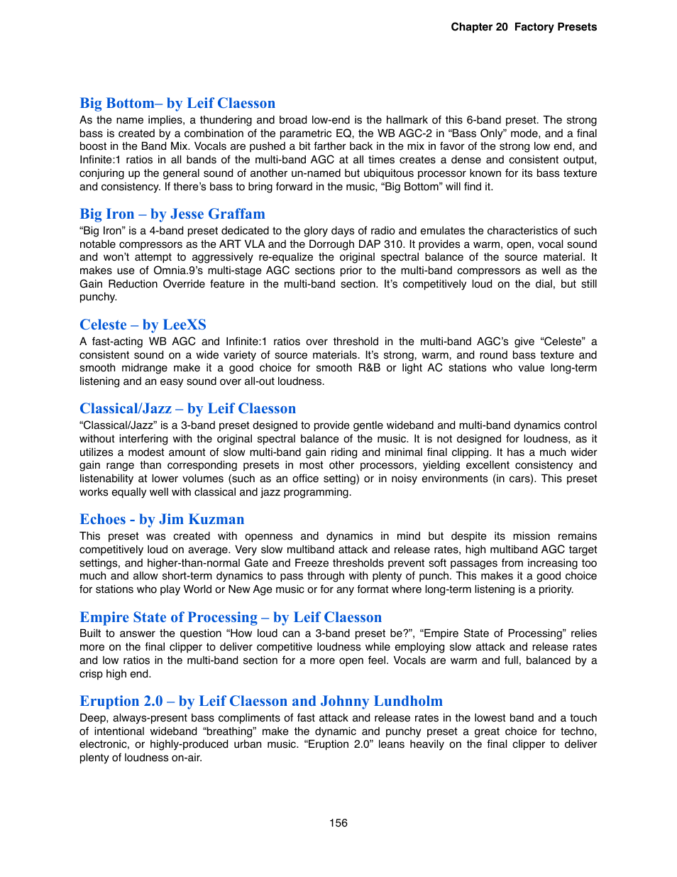 Big bottom– by leif claesson, Big iron – by jesse graffam, Celeste – by leexs | Classical/jazz – by leif claesson, Echoes - by jim kuzman, Empire state of processing – by leif claesson | Omnia Audio Omnia.9 User Manual | Page 156 / 196