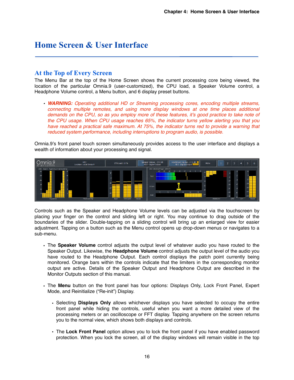 Home screen & user interface, At the top of every screen | Omnia Audio Omnia.9 User Manual | Page 16 / 196