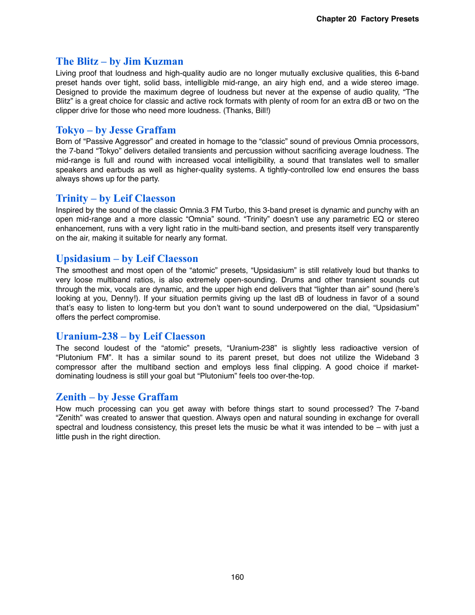 The blitz – by jim kuzman, Tokyo – by jesse graffam, Trinity – by leif claesson | Upsidasium – by leif claesson, Uranium-238 – by leif claesson, Zenith – by jesse graffam | Omnia Audio Omnia.9 User Manual | Page 160 / 196