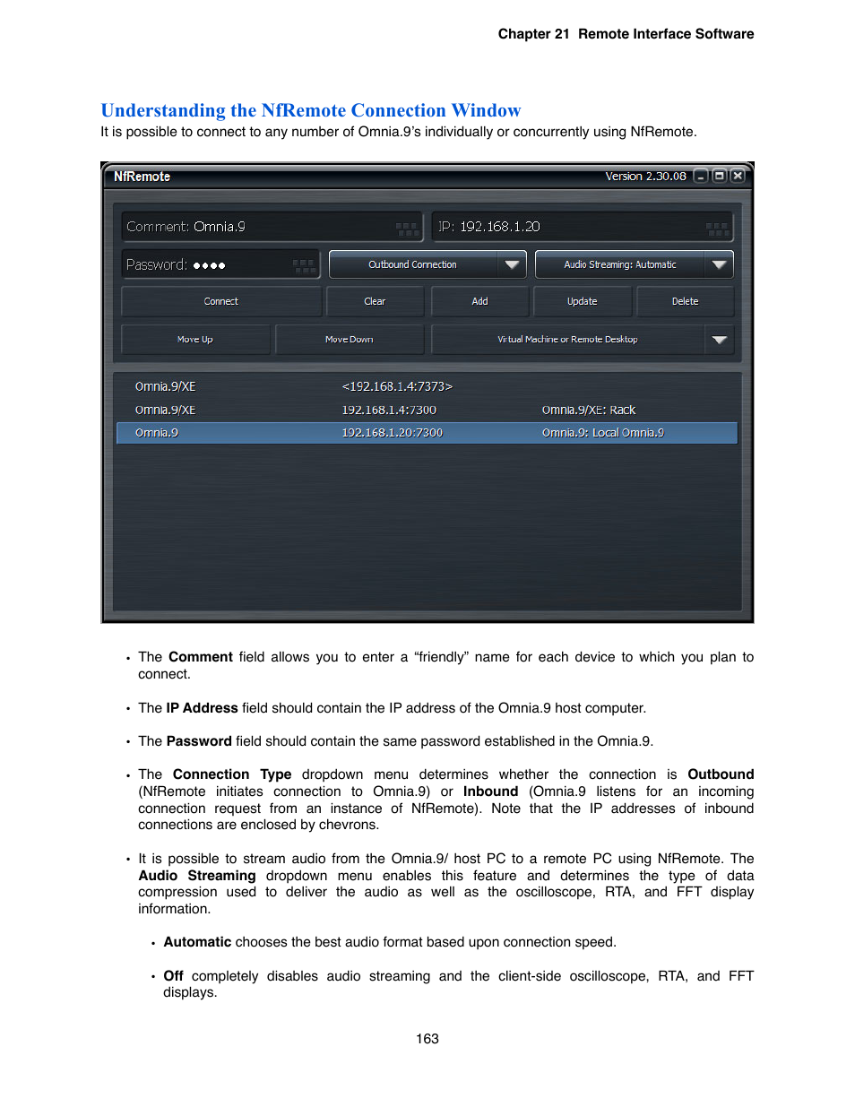 Understanding the nfremote connection window | Omnia Audio Omnia.9 User Manual | Page 163 / 196