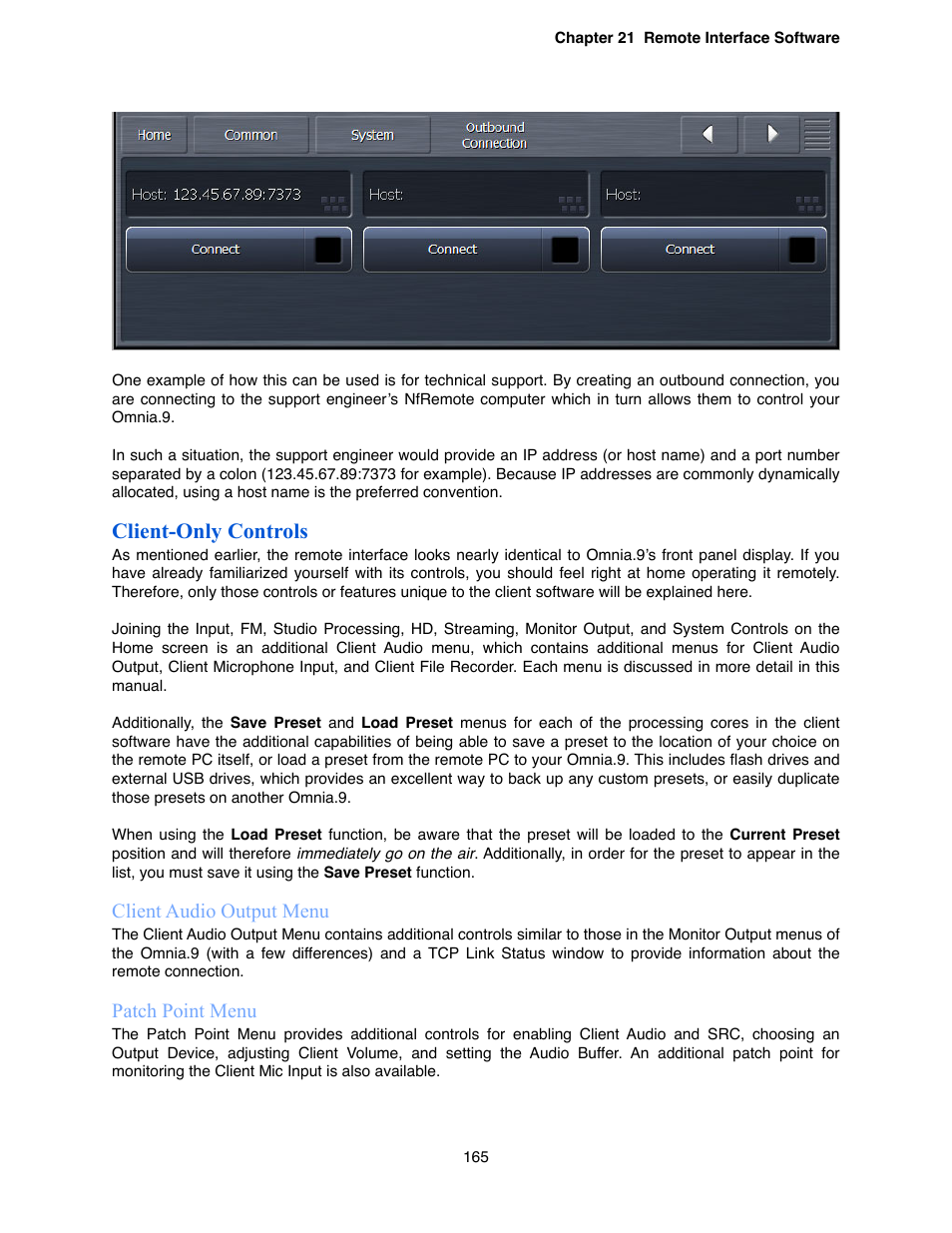 Client-only controls, Client audio output menu, Patch point menu | Omnia Audio Omnia.9 User Manual | Page 165 / 196