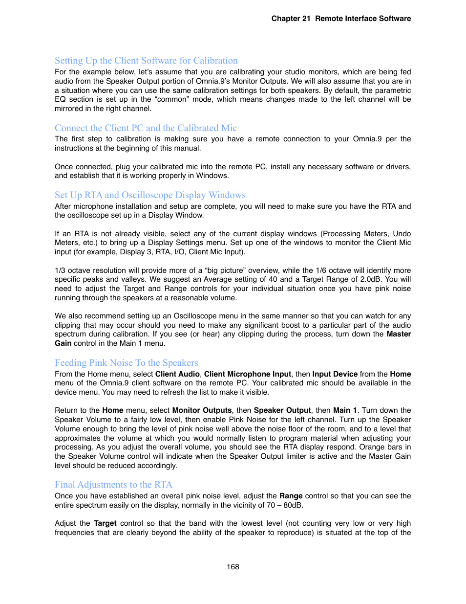 Setting up the client software for calibration, Connect the client pc and the calibrated mic, Set up rta and oscilloscope display windows | Feeding pink noise to the speakers, Final adjustments to the rta | Omnia Audio Omnia.9 User Manual | Page 168 / 196