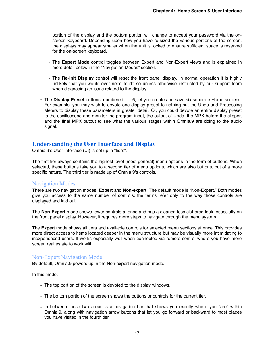Understanding the user interface and display, Navigation modes, Non-expert navigation mode | Omnia Audio Omnia.9 User Manual | Page 17 / 196