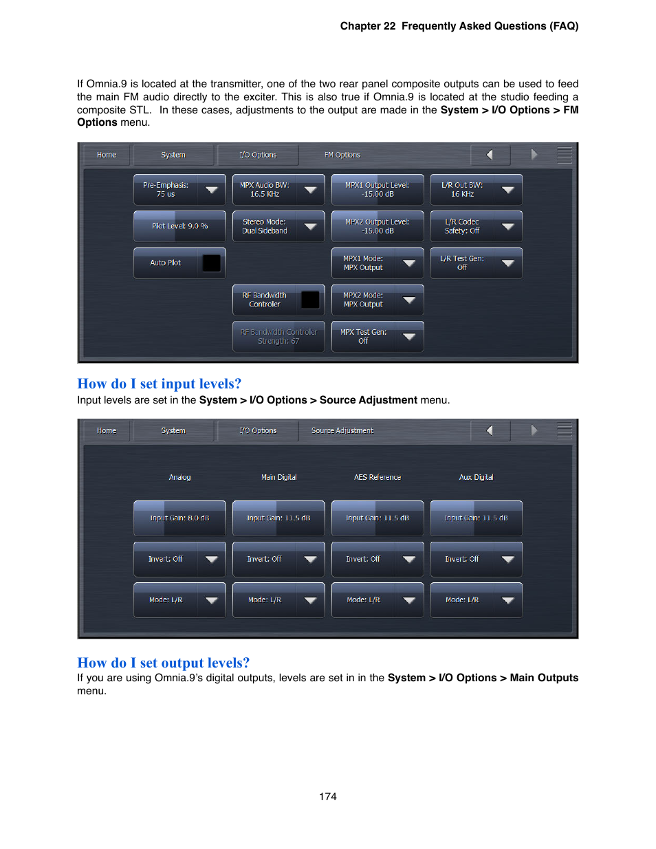 How do i set input levels, How do i set output levels | Omnia Audio Omnia.9 User Manual | Page 174 / 196