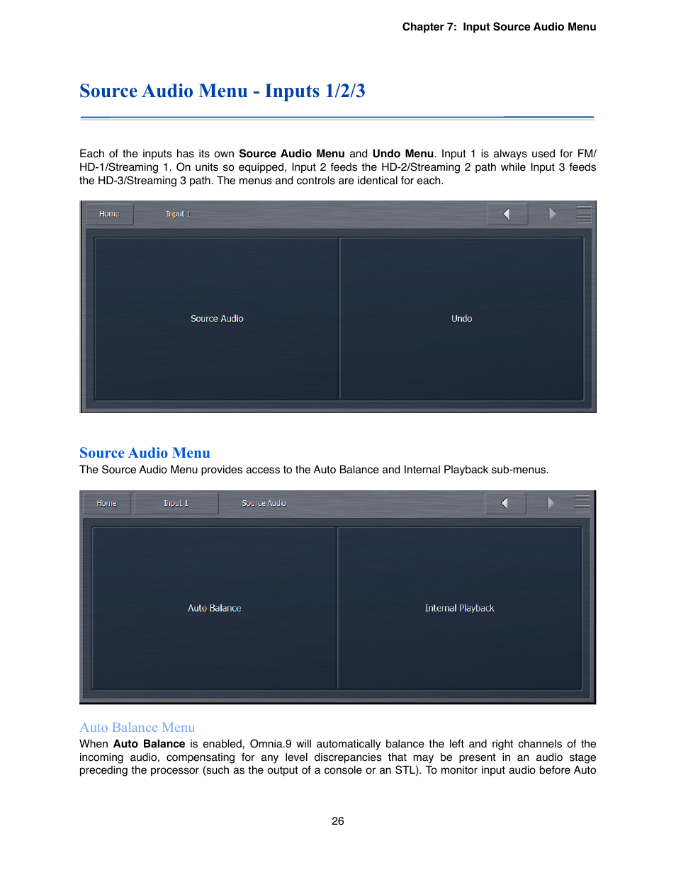Source audio menu - inputs 1/2/3, Source audio menu | Omnia Audio Omnia.9 User Manual | Page 26 / 196
