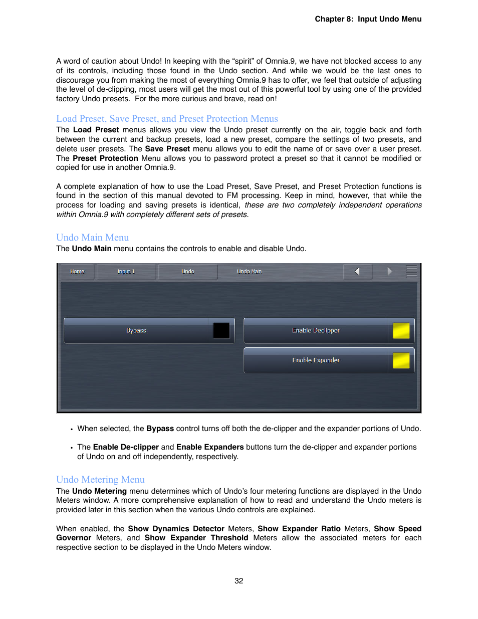 Undo main menu, Undo metering menu | Omnia Audio Omnia.9 User Manual | Page 32 / 196