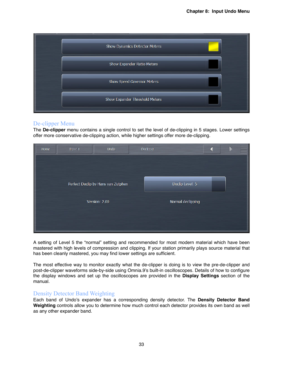 De-clipper menu, Density detector band weighting | Omnia Audio Omnia.9 User Manual | Page 33 / 196