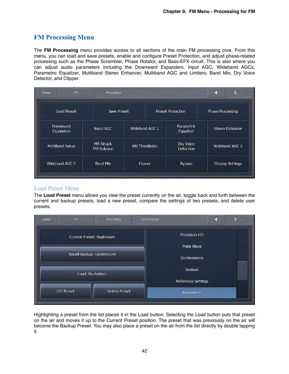 Fm processing menu, Load preset menu | Omnia Audio Omnia.9 User Manual | Page 42 / 196