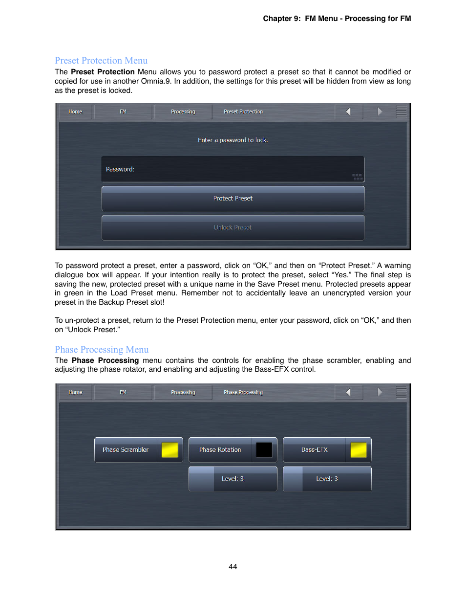 Preset protection menu, Phase processing menu | Omnia Audio Omnia.9 User Manual | Page 44 / 196