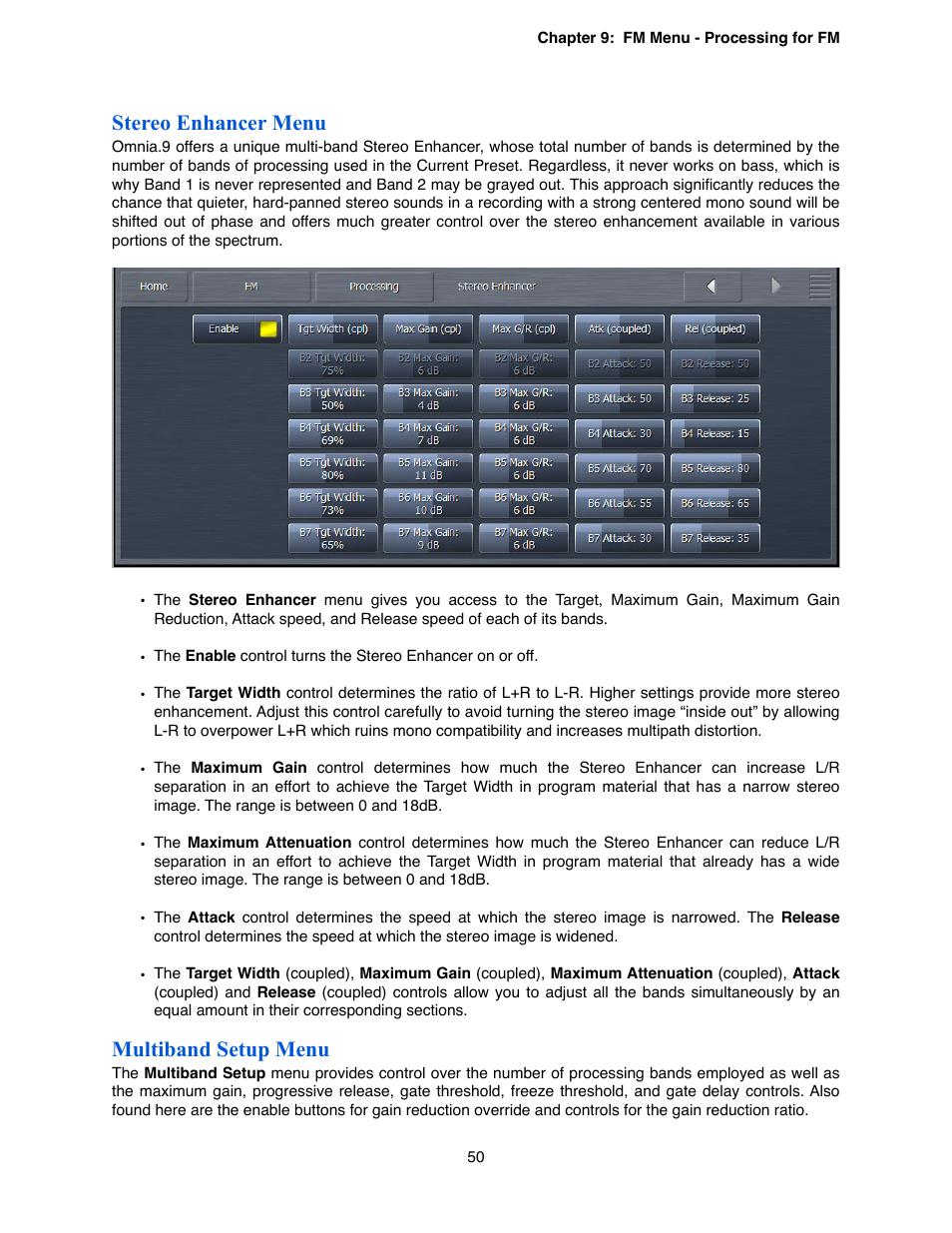 Stereo enhancer menu, Multiband setup menu | Omnia Audio Omnia.9 User Manual | Page 50 / 196