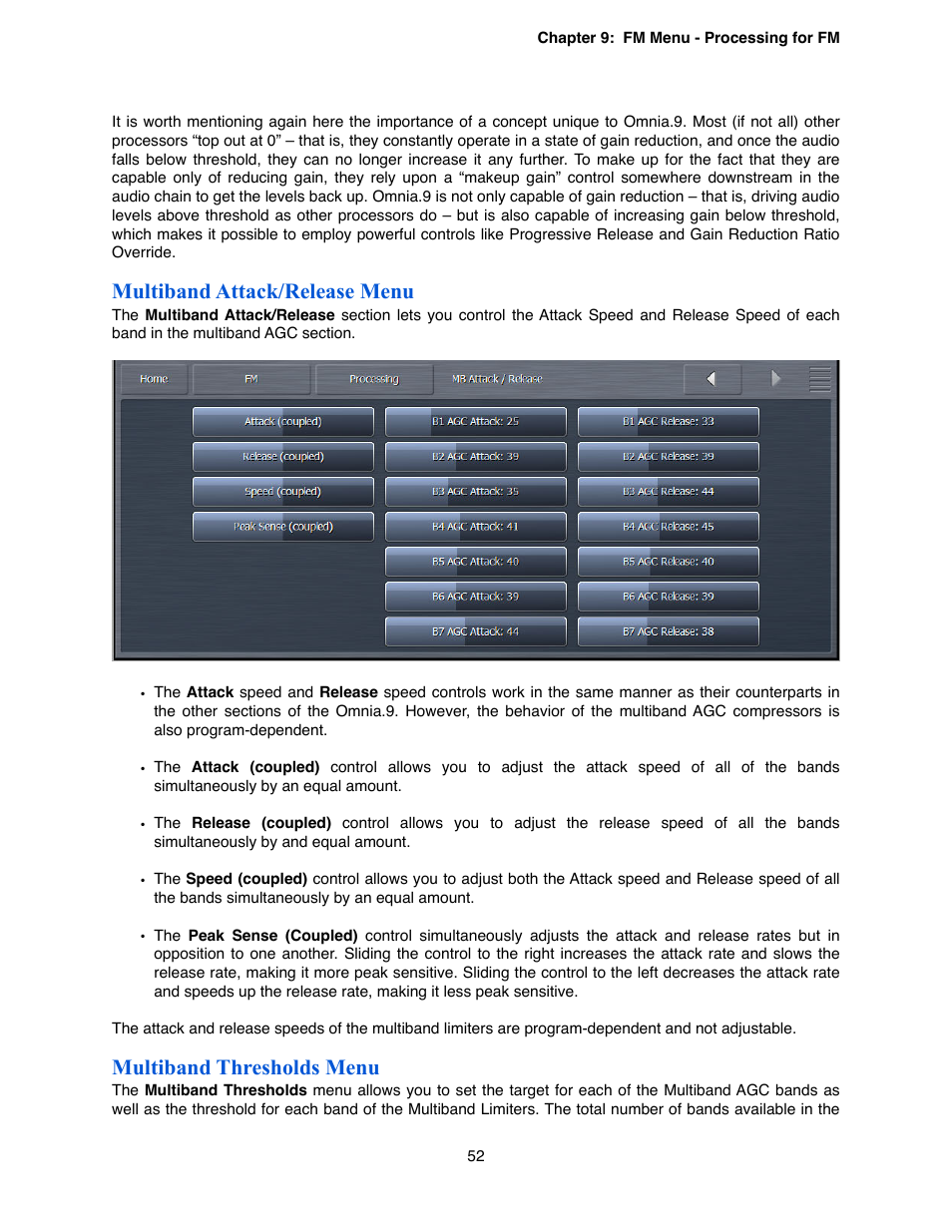 Multiband attack/release menu, Multiband thresholds menu | Omnia Audio Omnia.9 User Manual | Page 52 / 196