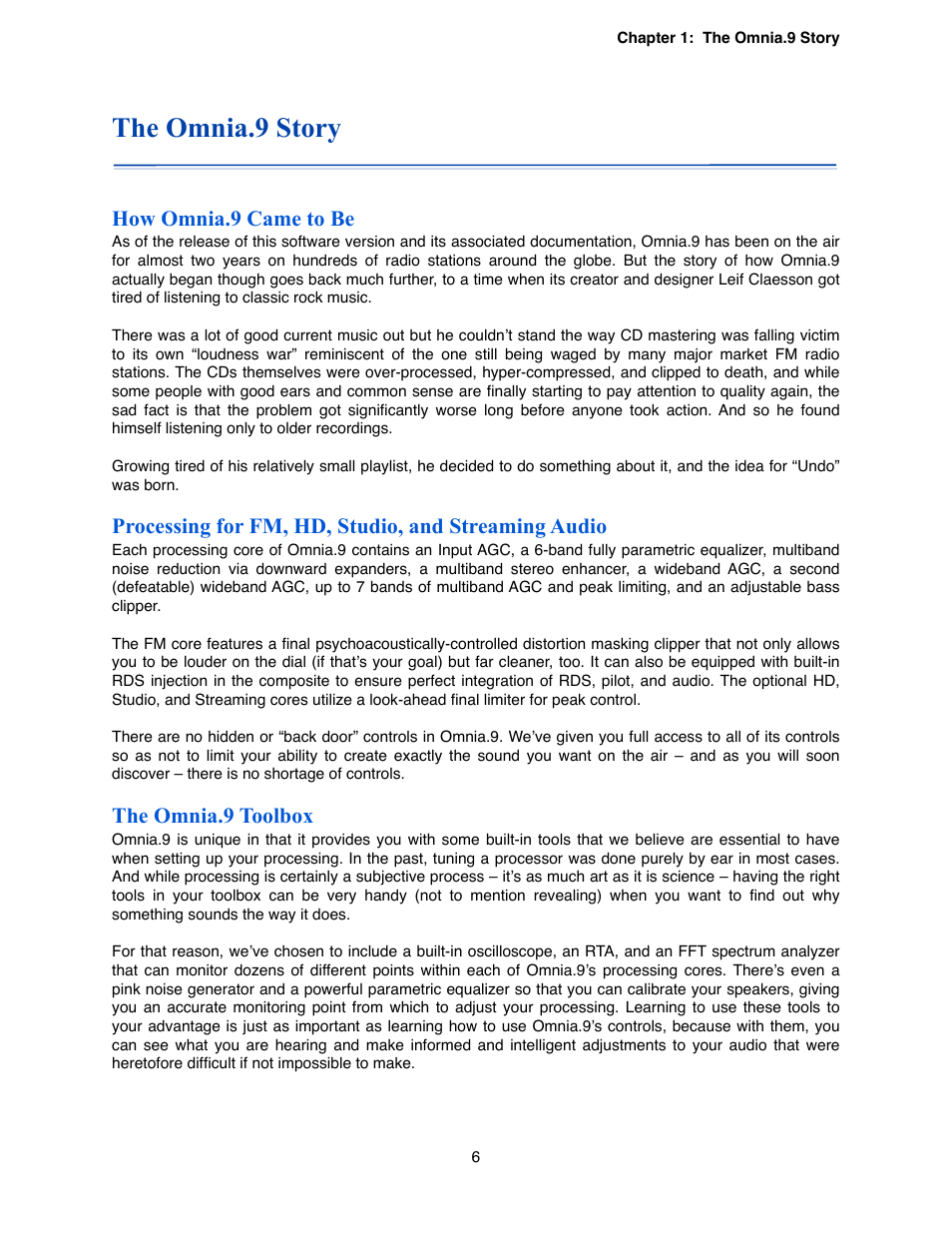 The omnia.9 story, How omnia.9 came to be, Processing for fm, hd, studio, and streaming audio | The omnia.9 toolbox | Omnia Audio Omnia.9 User Manual | Page 6 / 196