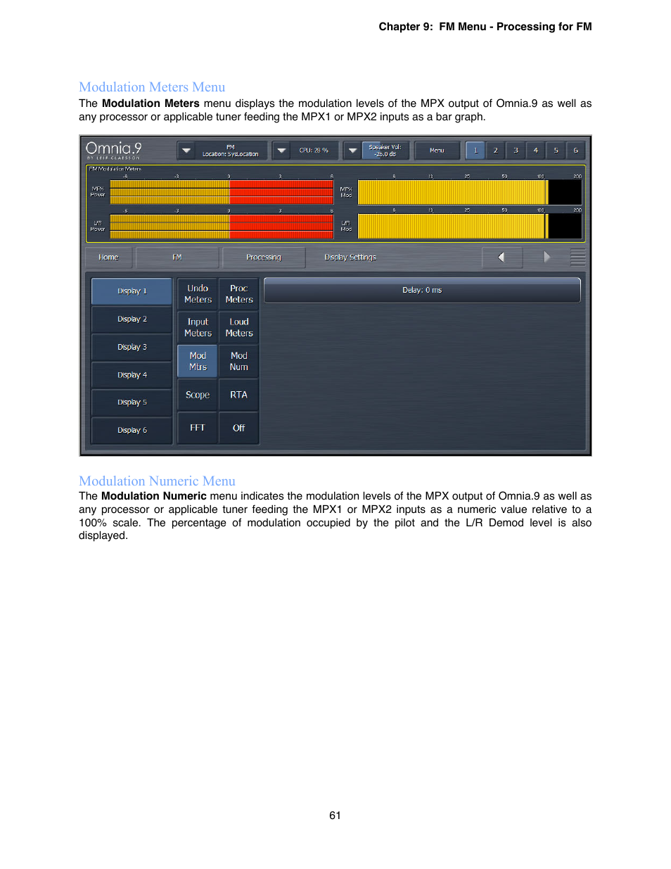 Modulation meters menu, Modulation numeric menu | Omnia Audio Omnia.9 User Manual | Page 61 / 196