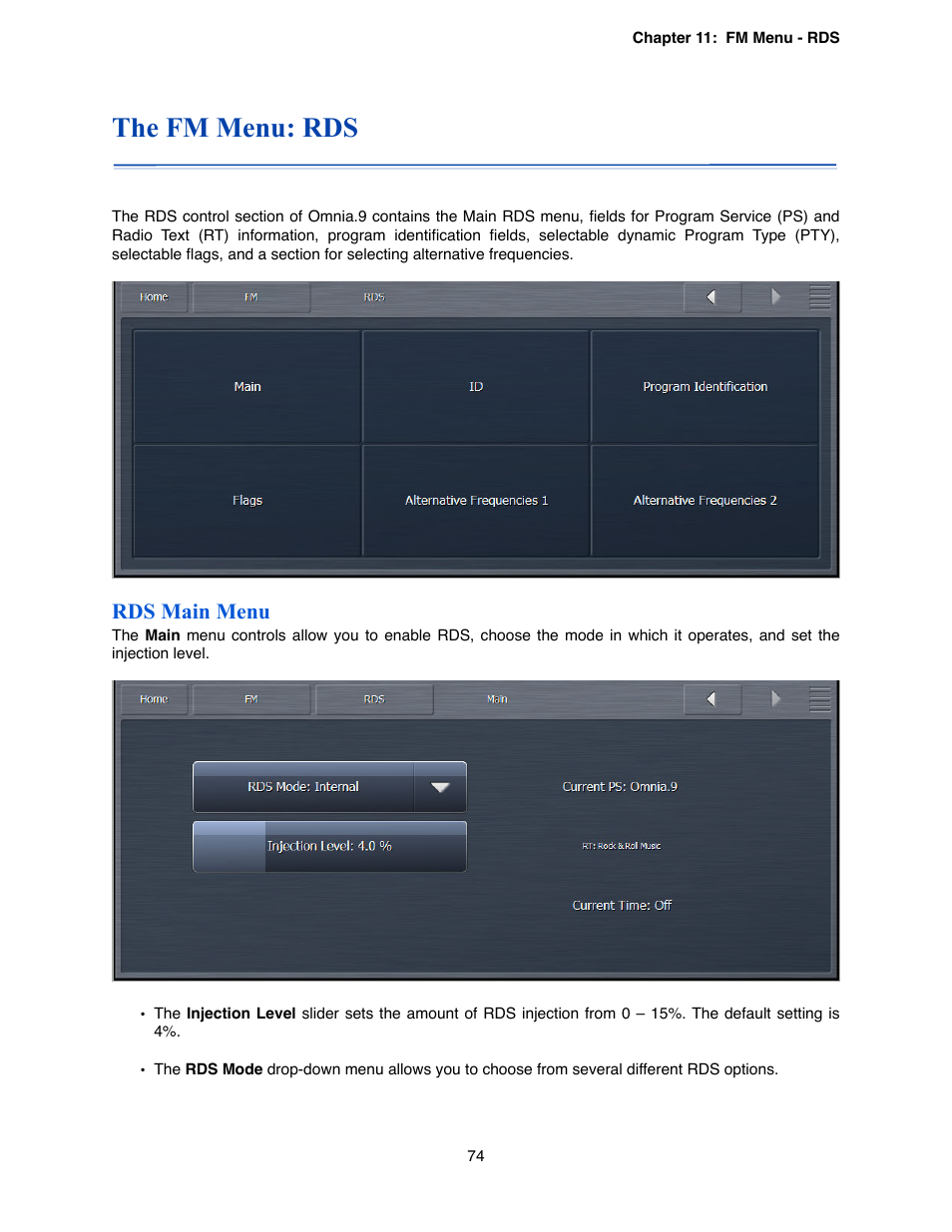 The fm menu: rds, Rds main menu | Omnia Audio Omnia.9 User Manual | Page 74 / 196