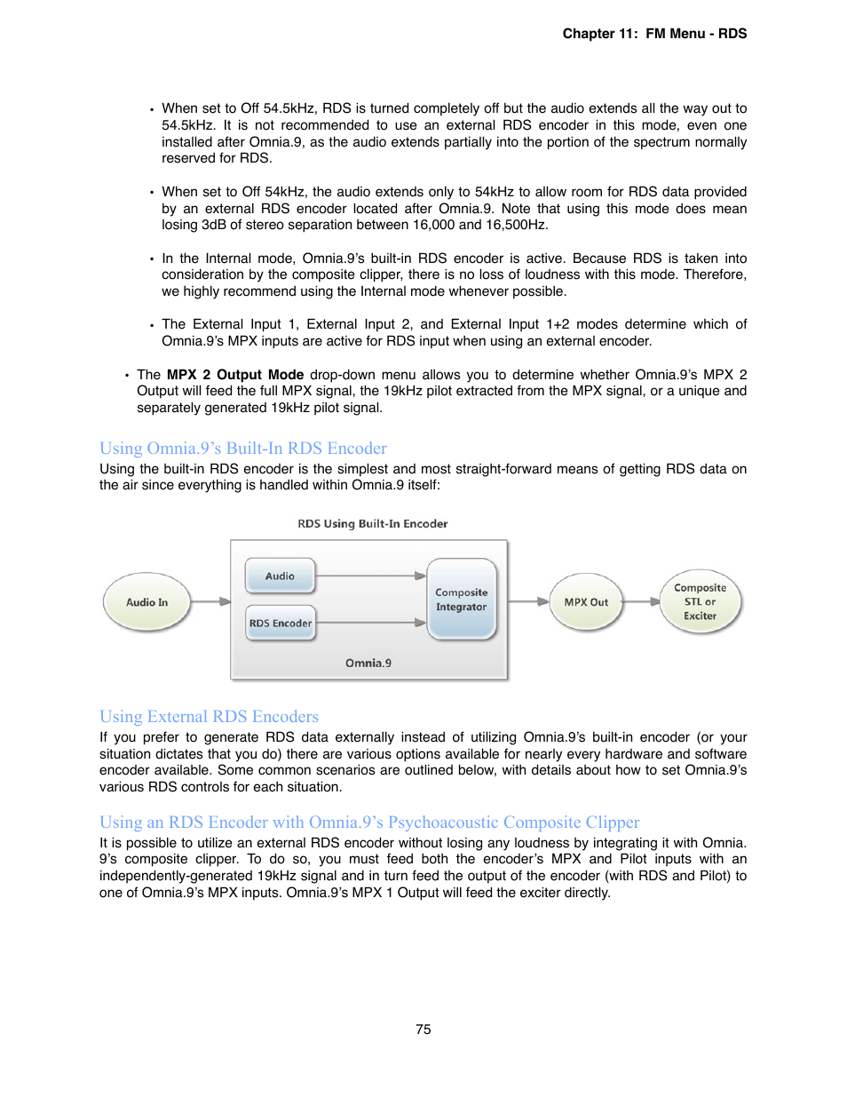 Using omnia.9’s built-in rds encoder, Using external rds encoders | Omnia Audio Omnia.9 User Manual | Page 75 / 196