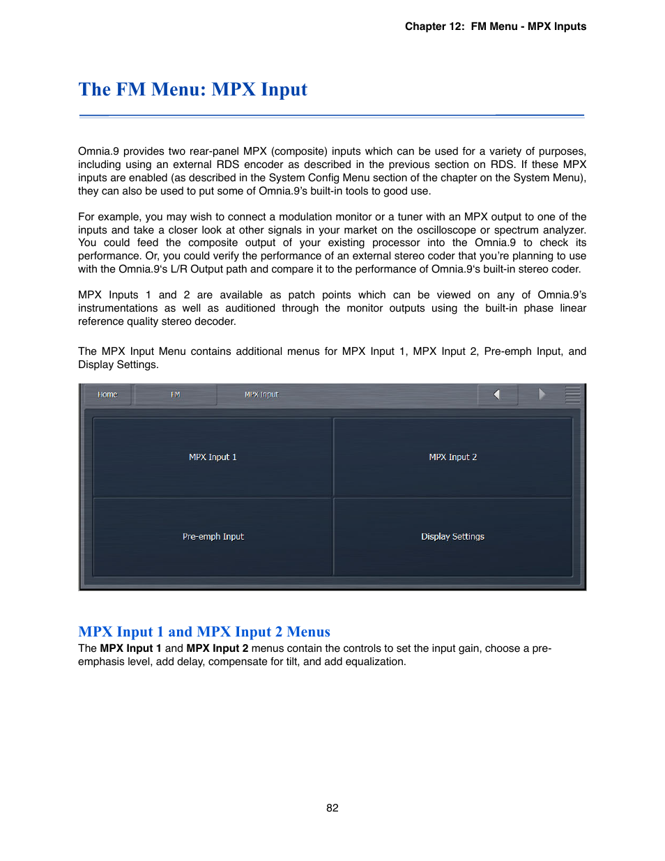 The fm menu: mpx input, Mpx input 1 and mpx input 2 menus | Omnia Audio Omnia.9 User Manual | Page 82 / 196