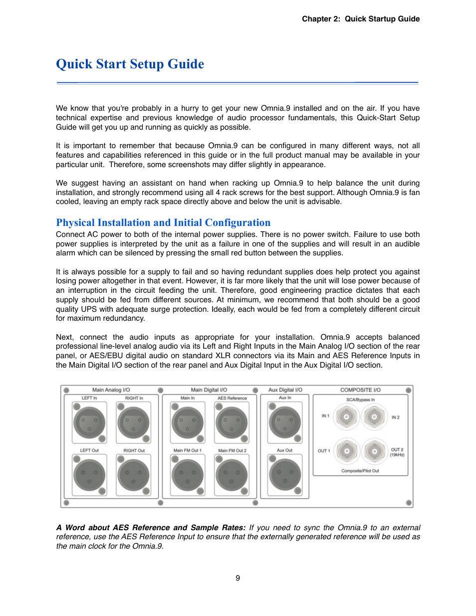 Quick start setup guide, Physical installation and initial configuration | Omnia Audio Omnia.9 User Manual | Page 9 / 196