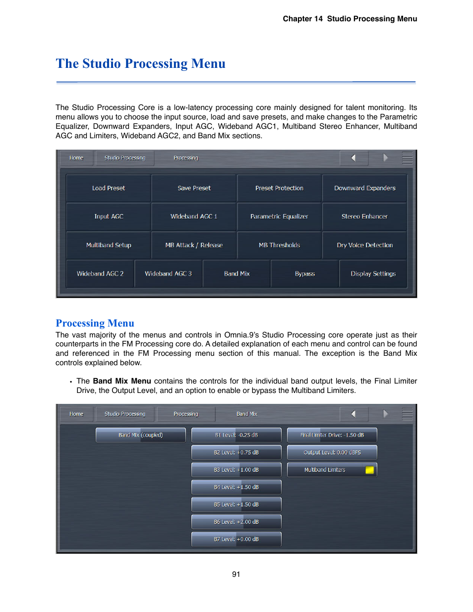 The studio processing menu, Processing menu | Omnia Audio Omnia.9 User Manual | Page 91 / 196