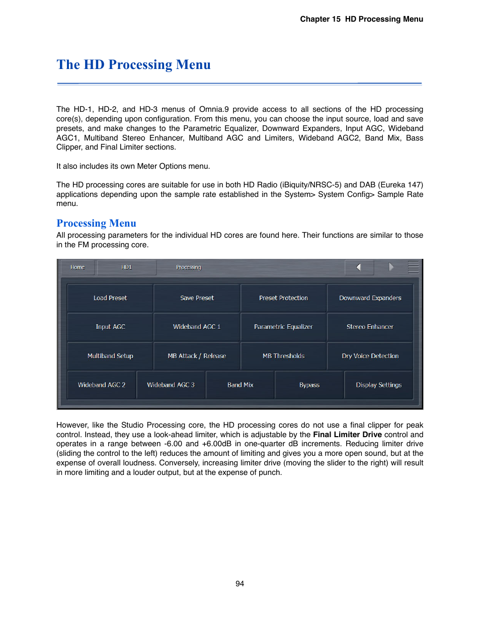 The hd processing menu, Processing menu | Omnia Audio Omnia.9 User Manual | Page 94 / 196