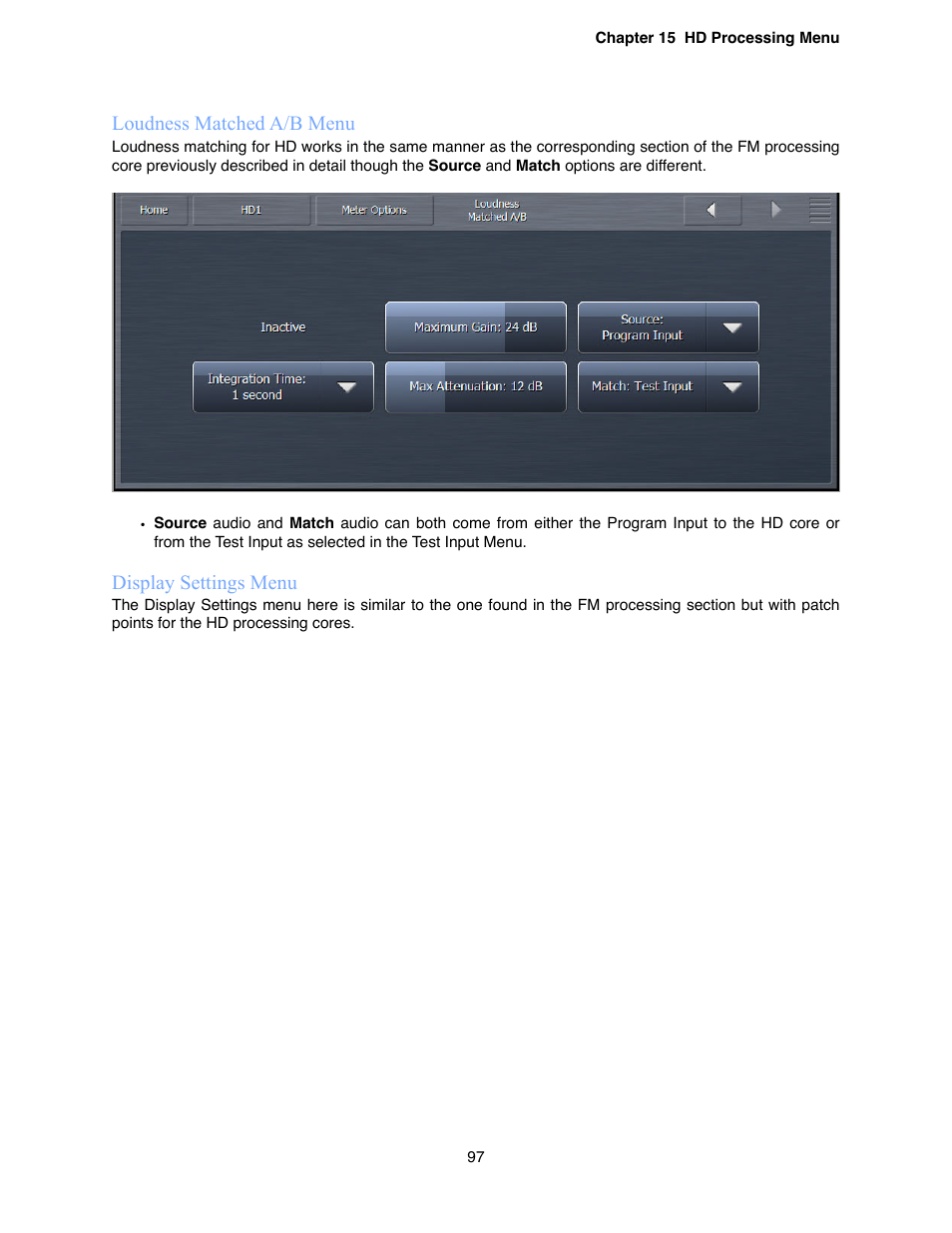 Loudness matched a/b menu, Display settings menu | Omnia Audio Omnia.9 User Manual | Page 97 / 196