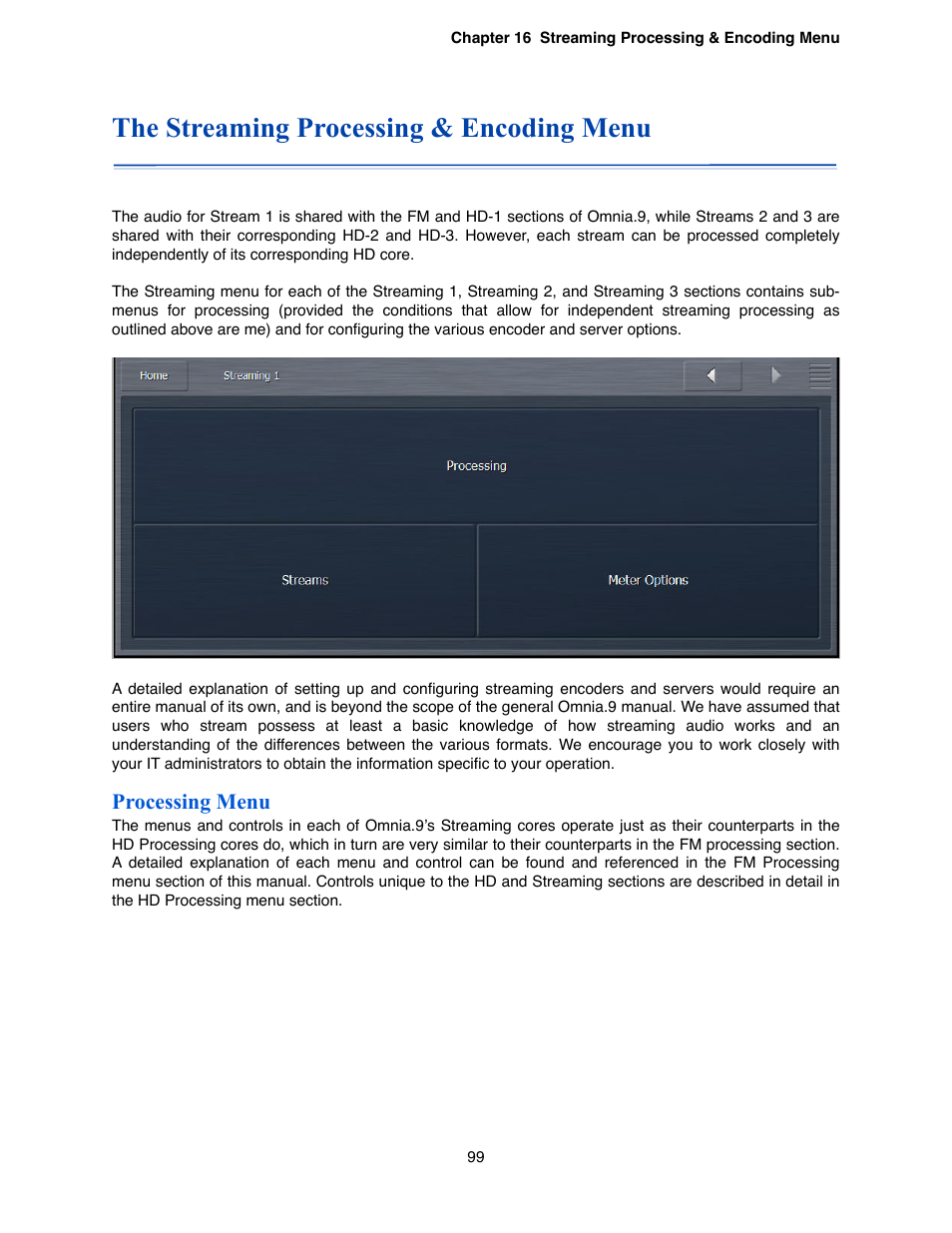 The streaming processing & encoding menu, Processing menu | Omnia Audio Omnia.9 User Manual | Page 99 / 196