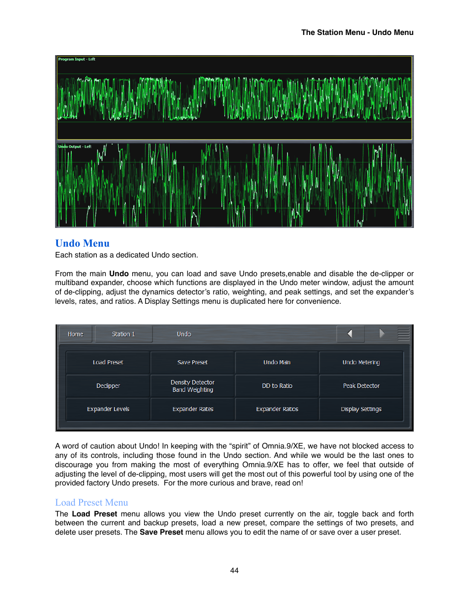 Undo menu, Load preset menu | Omnia Audio Omnia.9/XE User Manual | Page 44 / 108