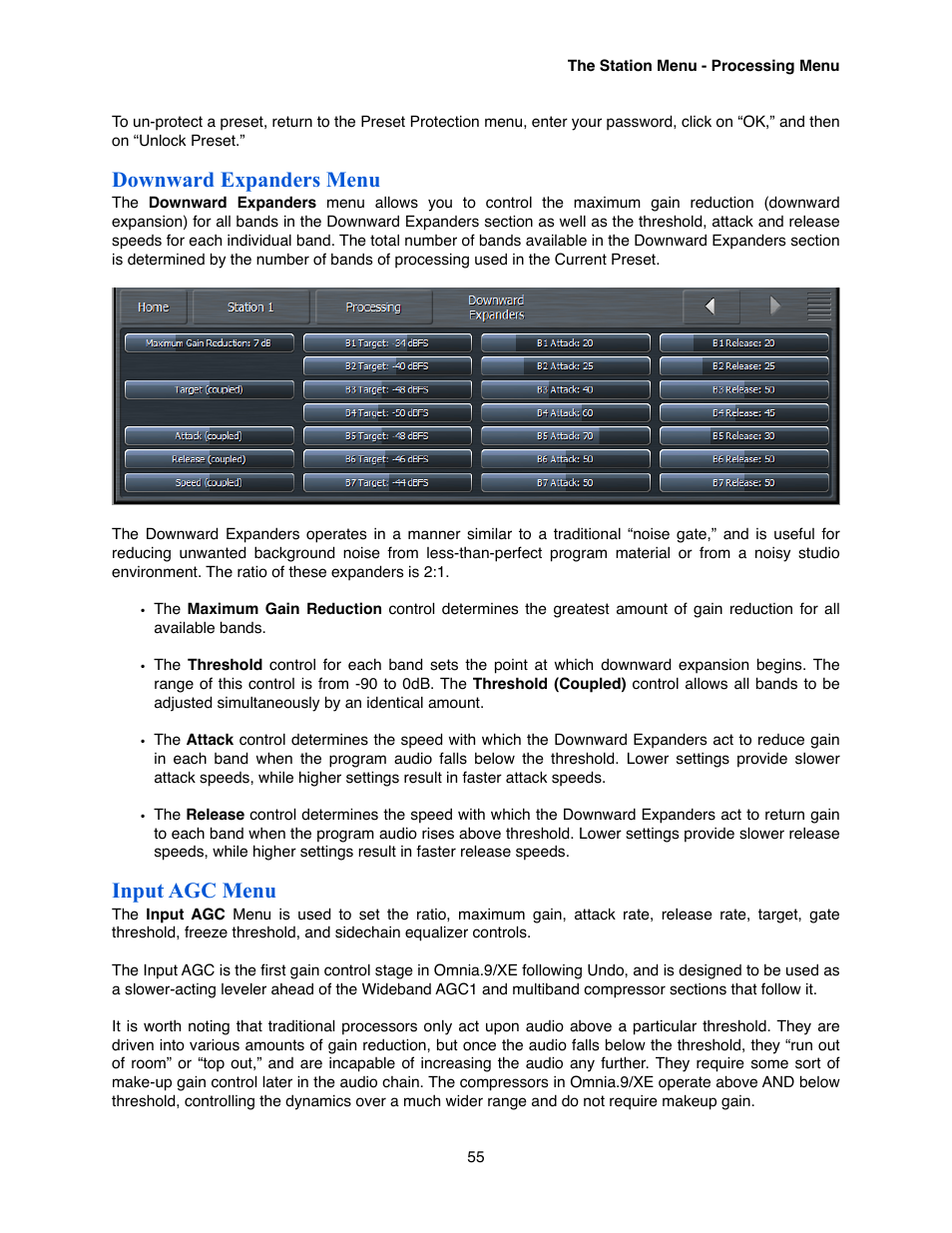 Downward expanders menu, Input agc menu | Omnia Audio Omnia.9/XE User Manual | Page 55 / 108