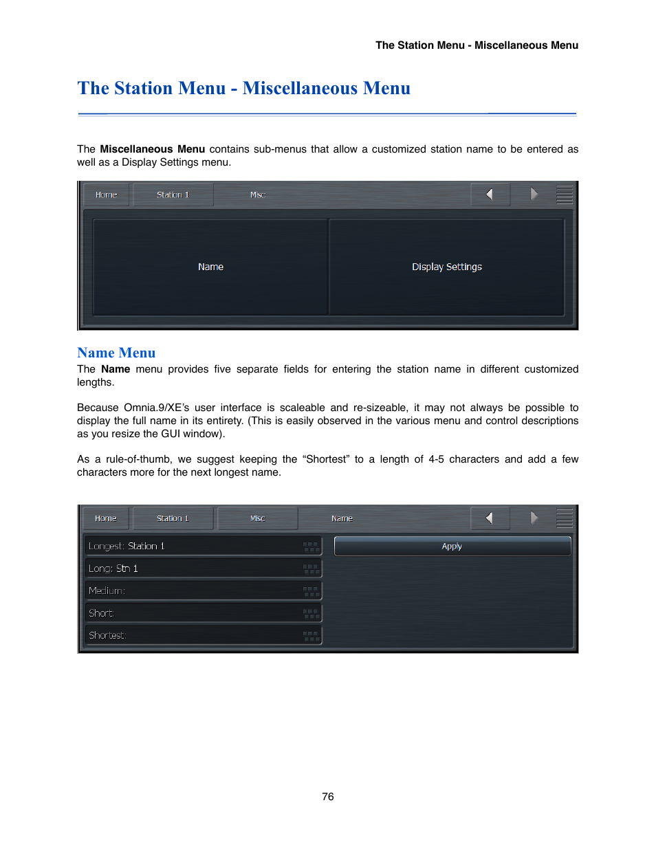 The station menu - miscellaneous menu, Name menu | Omnia Audio Omnia.9/XE User Manual | Page 76 / 108