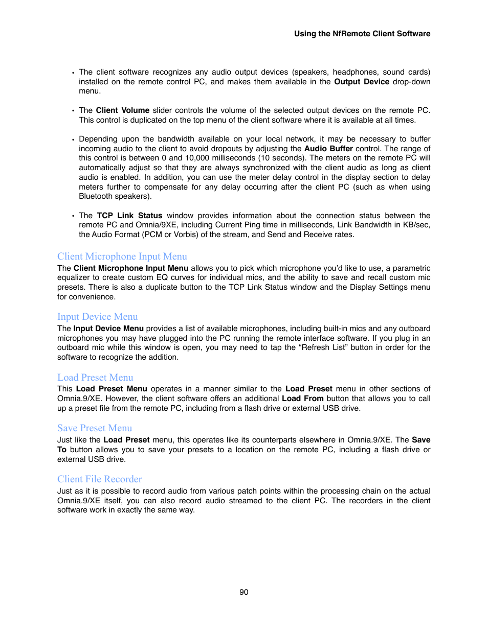 Client microphone input menu, Input device menu, Load preset menu | Save preset menu, Client file recorder | Omnia Audio Omnia.9/XE User Manual | Page 90 / 108