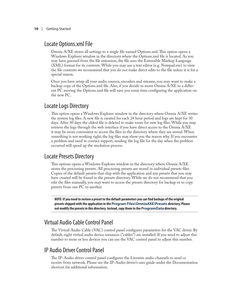 Locate options.xml file, Locate logs directory, Locate presets directory | Virtual audio cable control panel, Ip audio driver control panel | Omnia Audio Omnia A/XE User Manual | Page 16 / 96