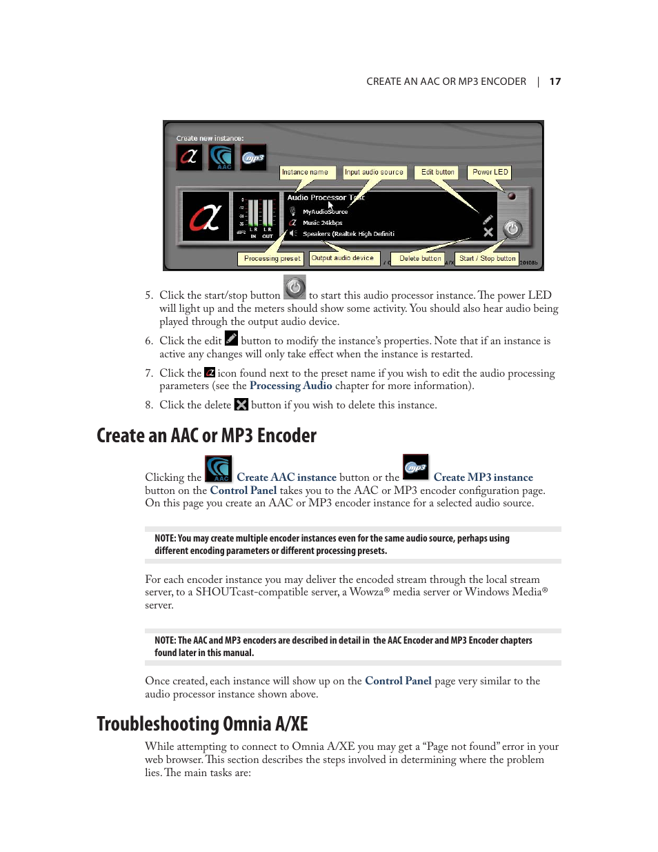 Create an aac or mp3 encoder, Troubleshooting omnia a/xe | Omnia Audio Omnia A/XE User Manual | Page 23 / 96