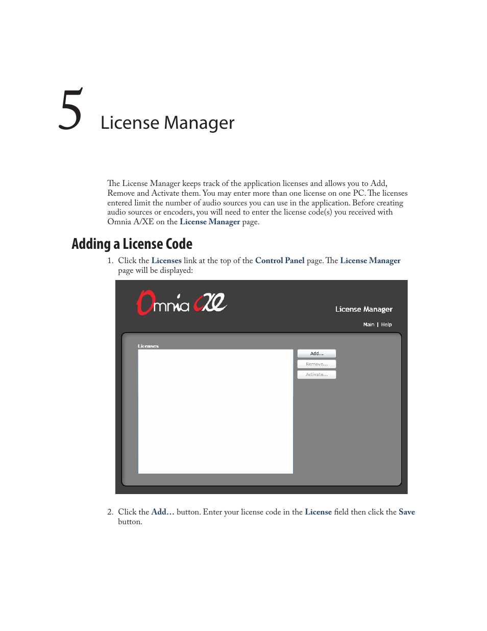 License manager, Adding a license code | Omnia Audio Omnia A/XE User Manual | Page 31 / 96