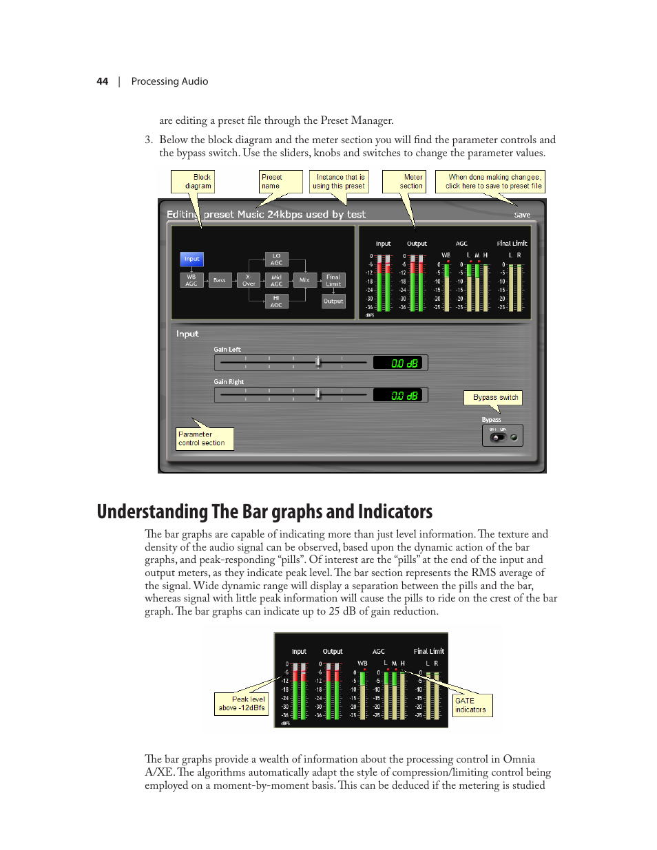 Understanding the bar graphs and indicators | Omnia Audio Omnia A/XE User Manual | Page 50 / 96