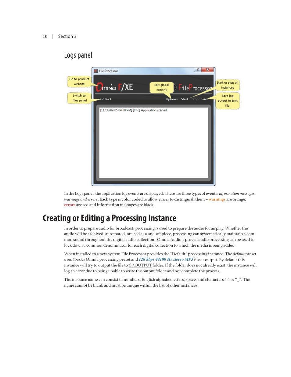 Creating or editing a processing instance, Logs panel | Omnia Audio Omnia F/XE User Manual | Page 12 / 46