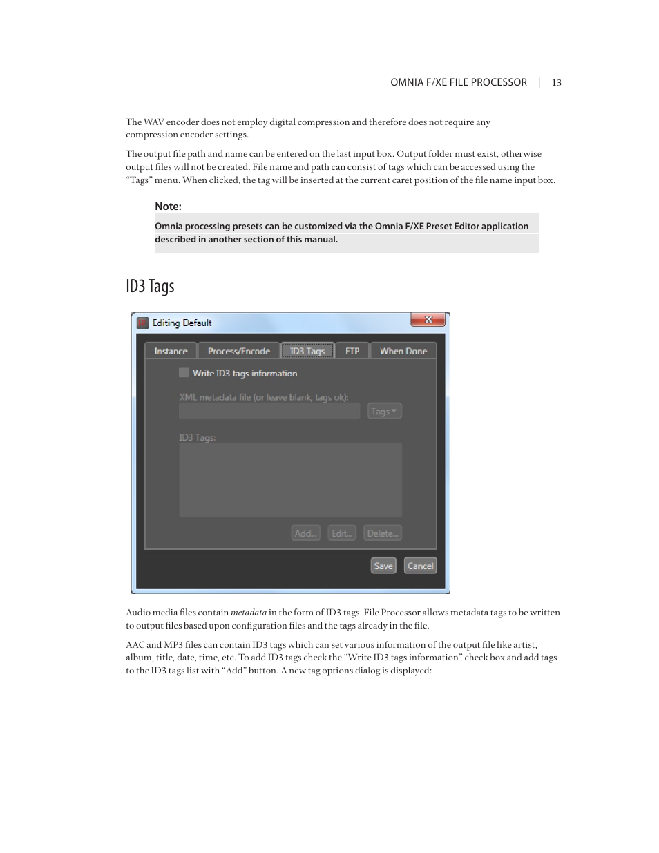 Id3 tags | Omnia Audio Omnia F/XE User Manual | Page 15 / 46