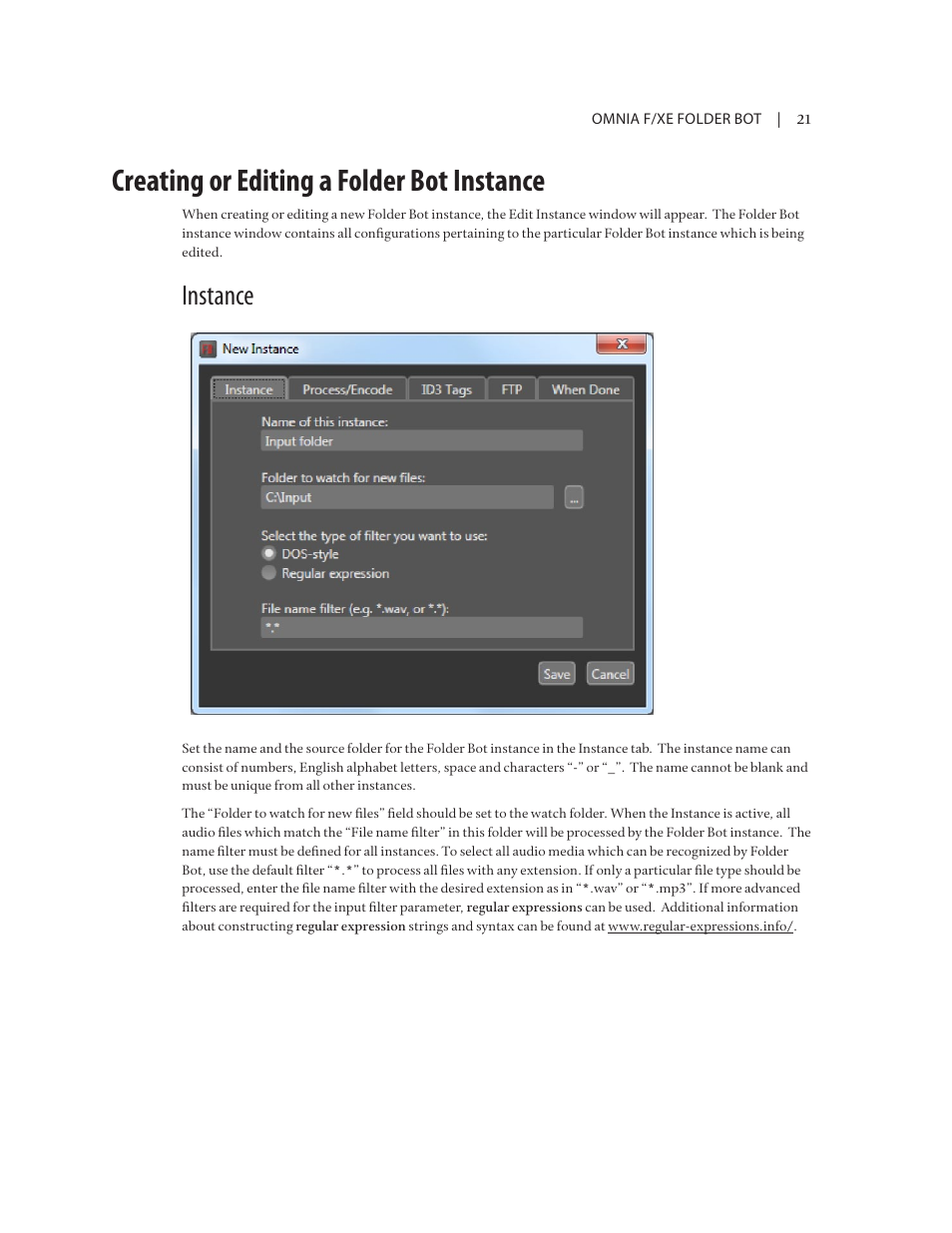 Creating or editing a folder bot instance, Instance | Omnia Audio Omnia F/XE User Manual | Page 23 / 46