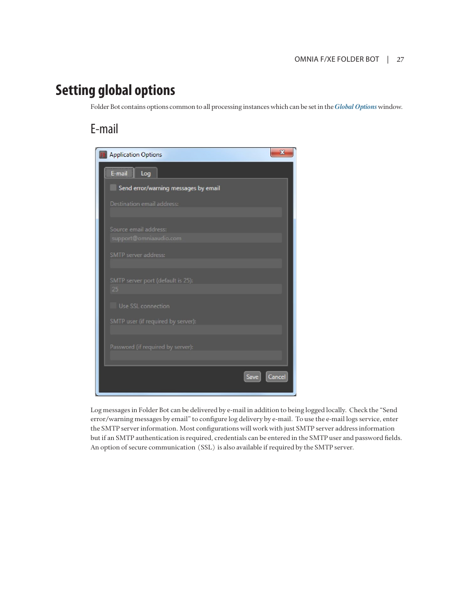Setting global options, E-mail | Omnia Audio Omnia F/XE User Manual | Page 29 / 46