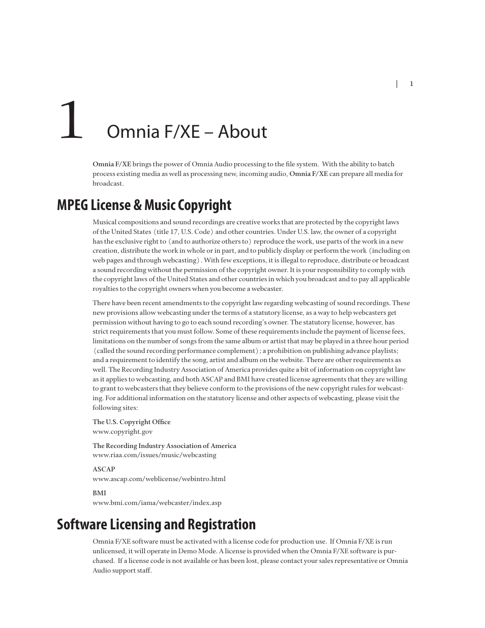 Omnia f/xe – about, Mpeg license & music copyright, Software licensing and registration | Omnia Audio Omnia F/XE User Manual | Page 3 / 46