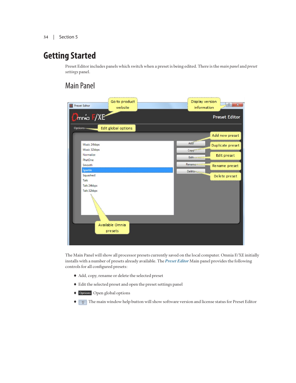Getting started, Main panel | Omnia Audio Omnia F/XE User Manual | Page 36 / 46