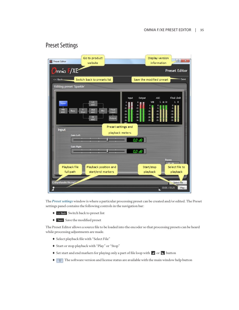 Preset settings | Omnia Audio Omnia F/XE User Manual | Page 37 / 46