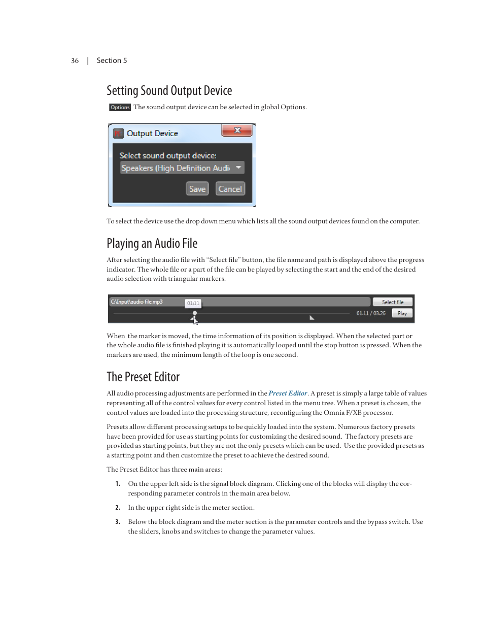 Setting sound output device, Playing an audio file, The preset editor | Omnia Audio Omnia F/XE User Manual | Page 38 / 46