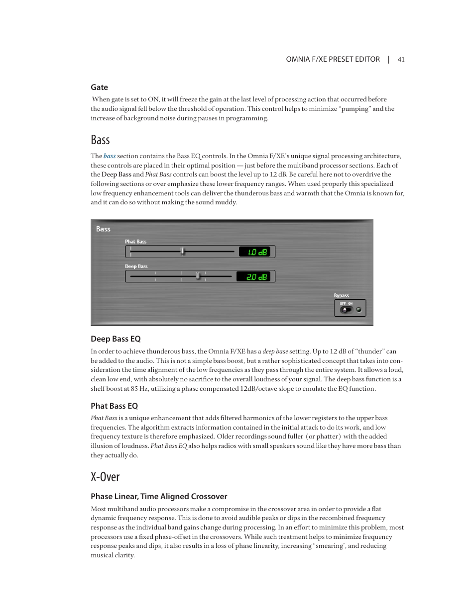 Bass, X-over | Omnia Audio Omnia F/XE User Manual | Page 43 / 46