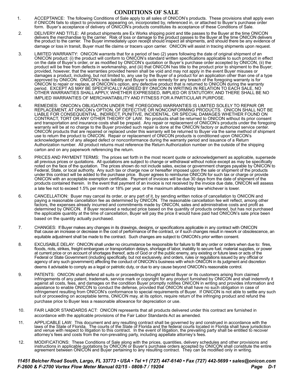Conditions of sale | ONICON F-2600 User Manual | Page 131 / 131